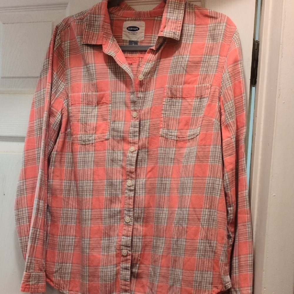 Old Navy Coral and Gray Plaid Shirt
